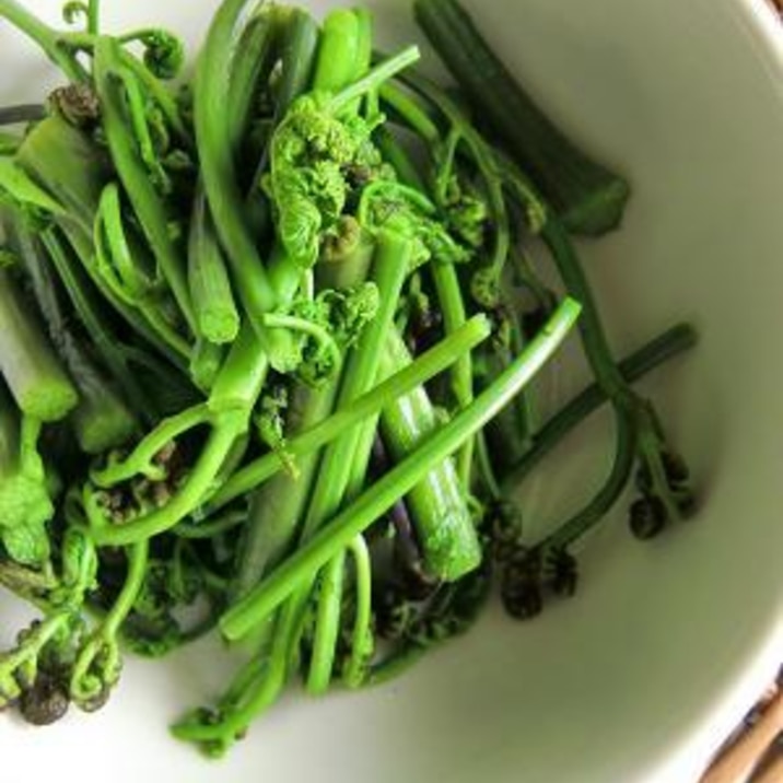 わらびの灰汁抜き。新鮮だからわさび醤油でどうぞ!!